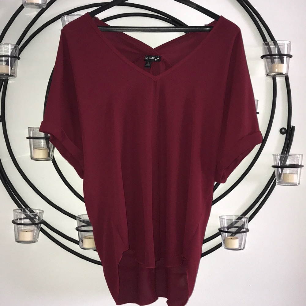 Red, sheer, short sleeved top. GUC